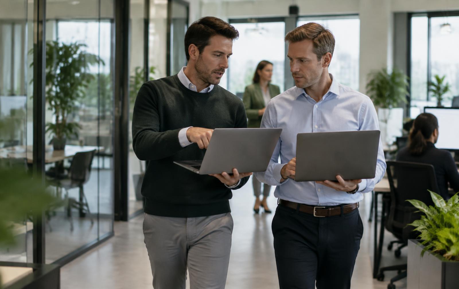 Twee adviseurs van RIE Expert in overleg met laptops in een kantooromgeving